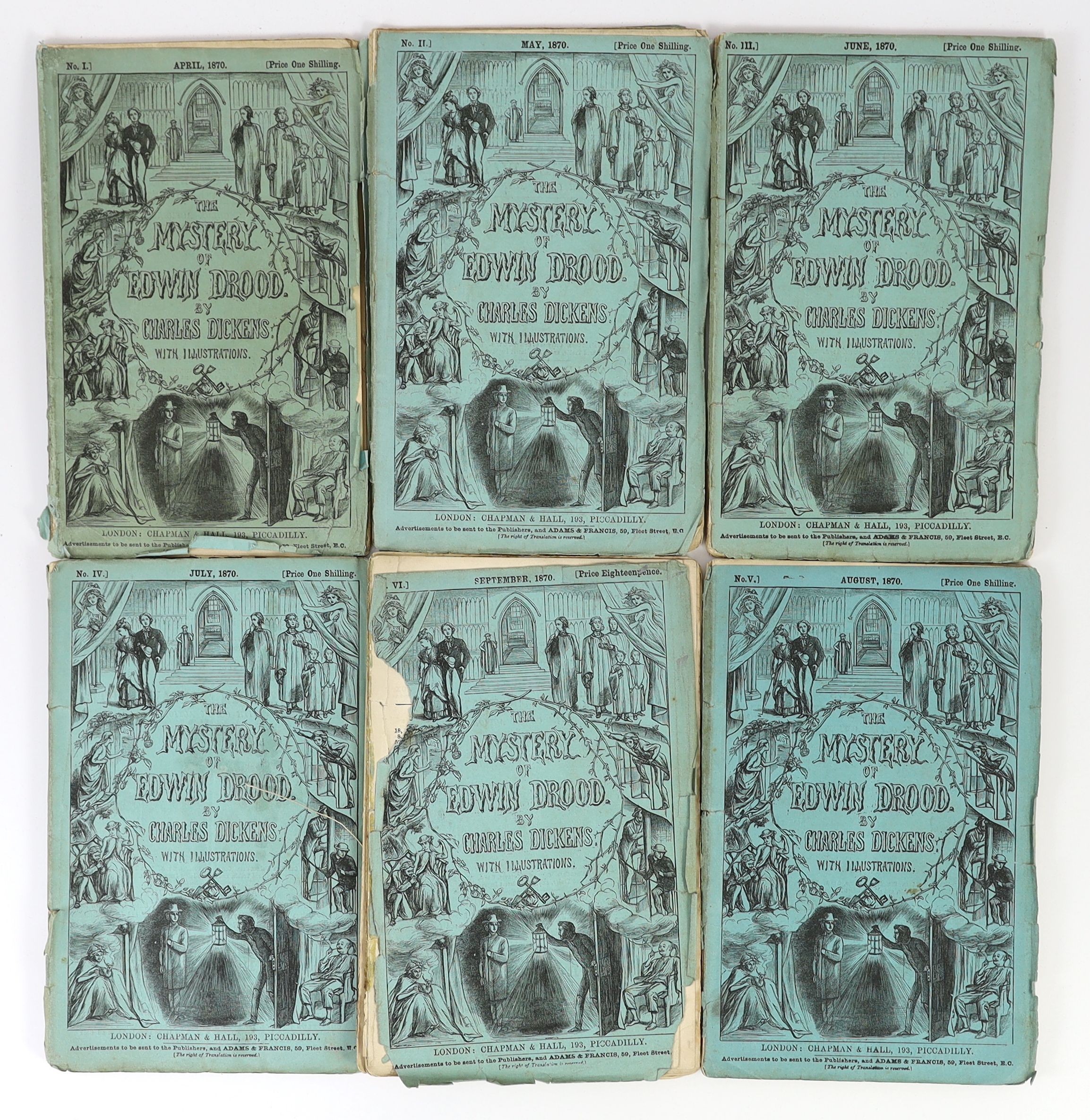 Dickens, Charles - The Mystery of Edwin Drood, 1st edition, in original 6 parts, original wraps, frayed and ragged, lacking portrait, London, 1870 - Sold not subject to return
